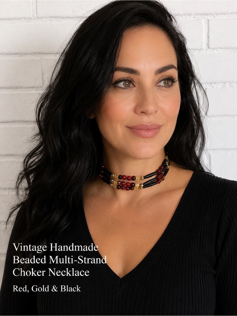 Vintage Handmade Beaded Multi- Strand Choker Necklace - Red, Gold & Black